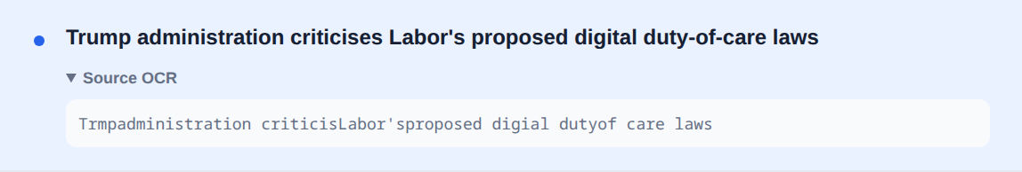 Dashboard screenshot showing a cleaned headline above its original OCR text, including recognition errors